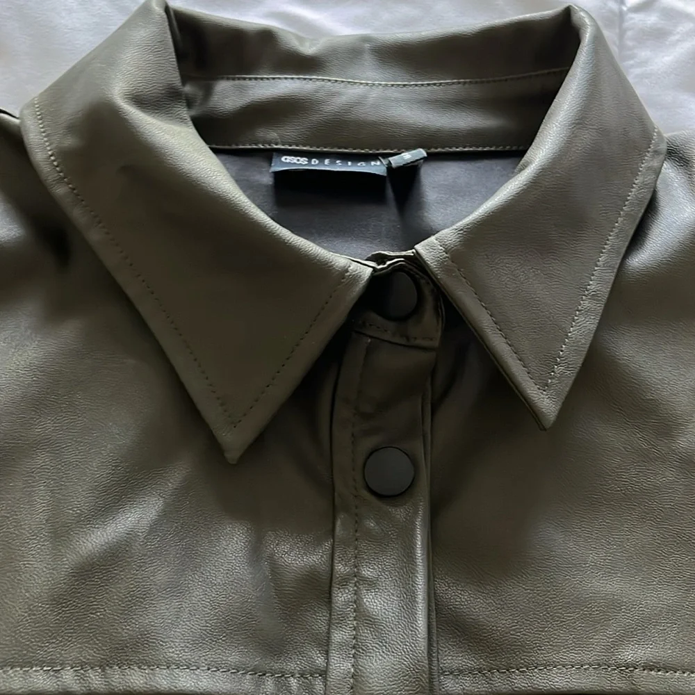 ASOS Olive Green Faux Leather Button-Down Shirt - Picture 6 of 16